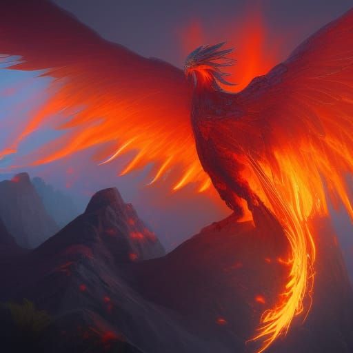 A mythical Phoenix on volcano