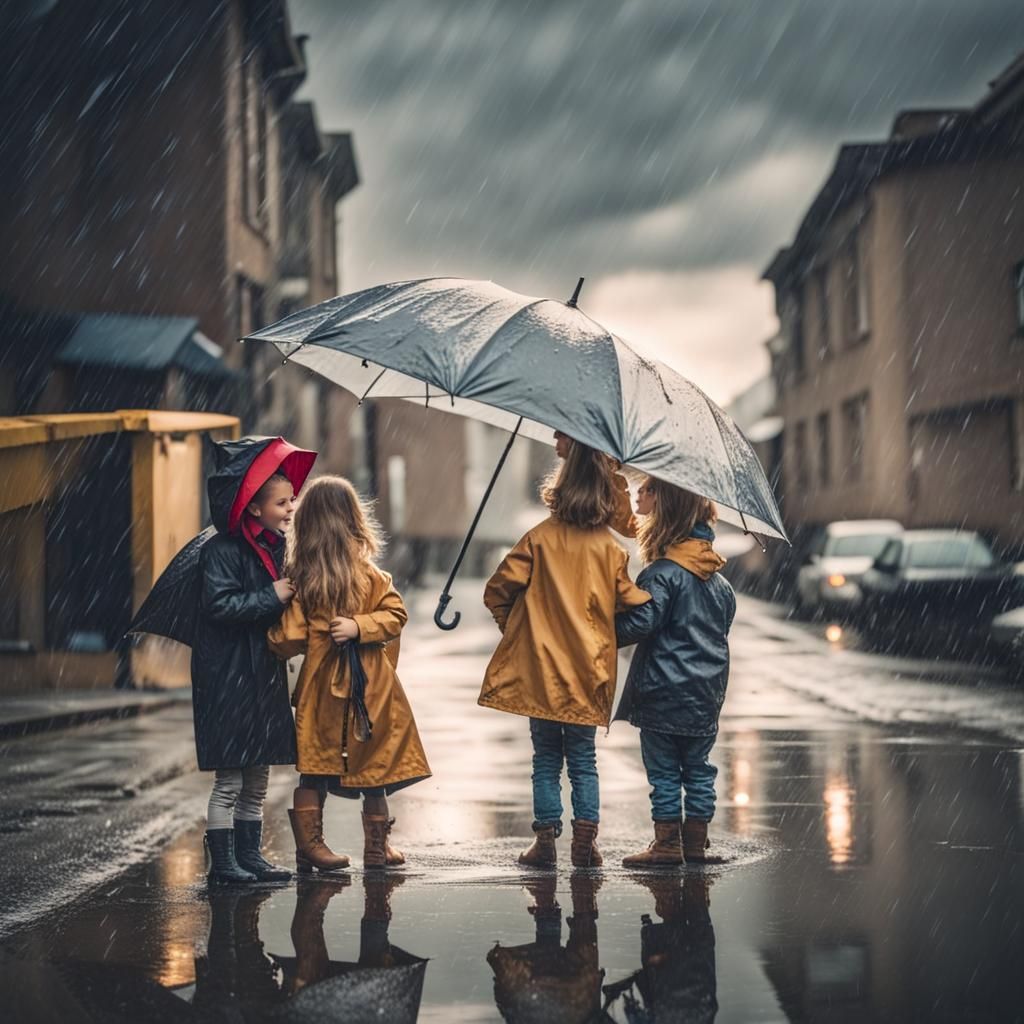 Childhood Friends Sharing Umbrella in Rainy Weather