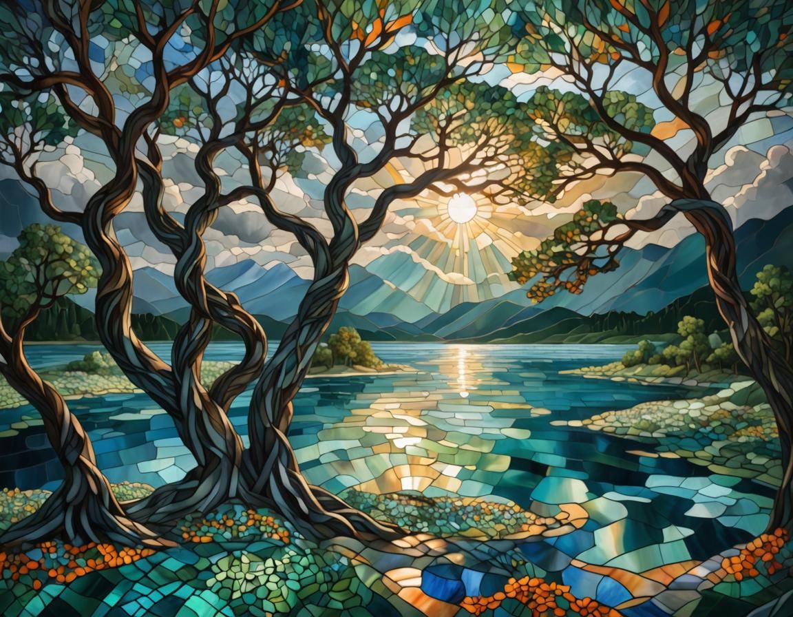 Stained glass mosaic, rays of sunlight through clouds on vas...