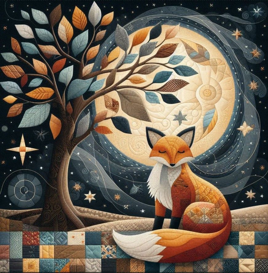 Red fox under patchwork tree.