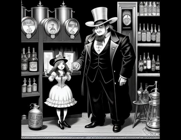 a black and white drawing of a man and a little girl, robert...