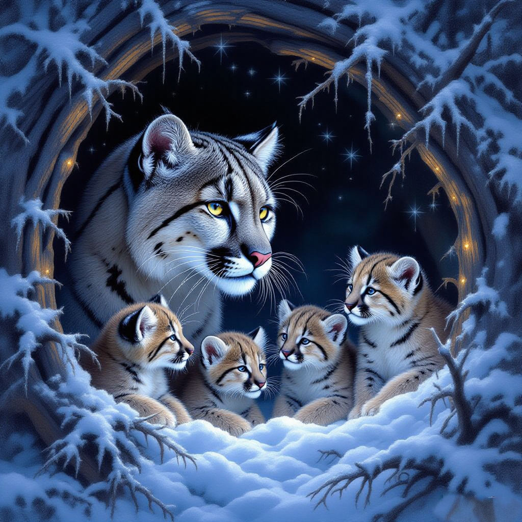 Cougar looking at four of her in her den