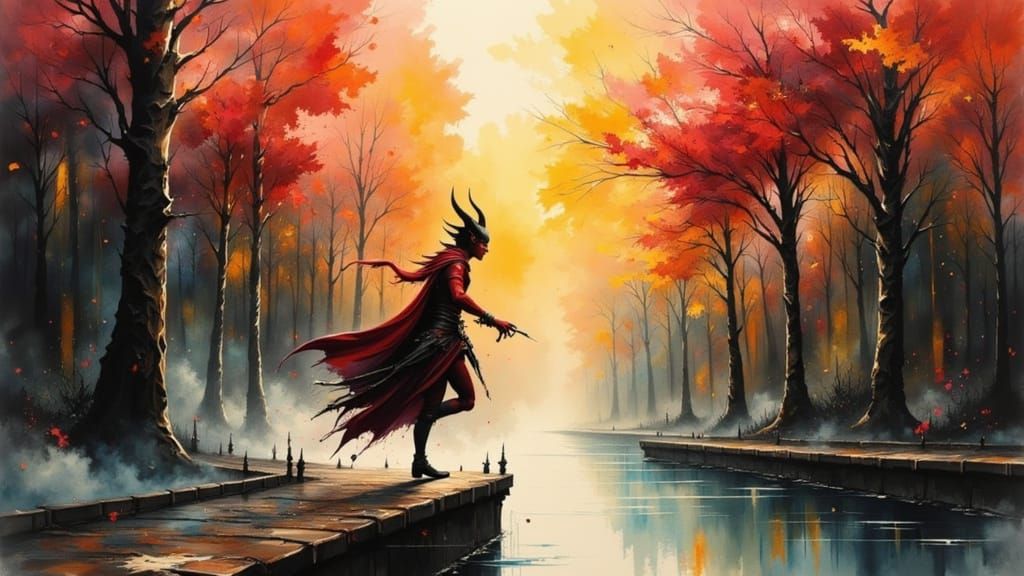 Watercolour Tiefling along a Canal, inspired by Jansen Chow