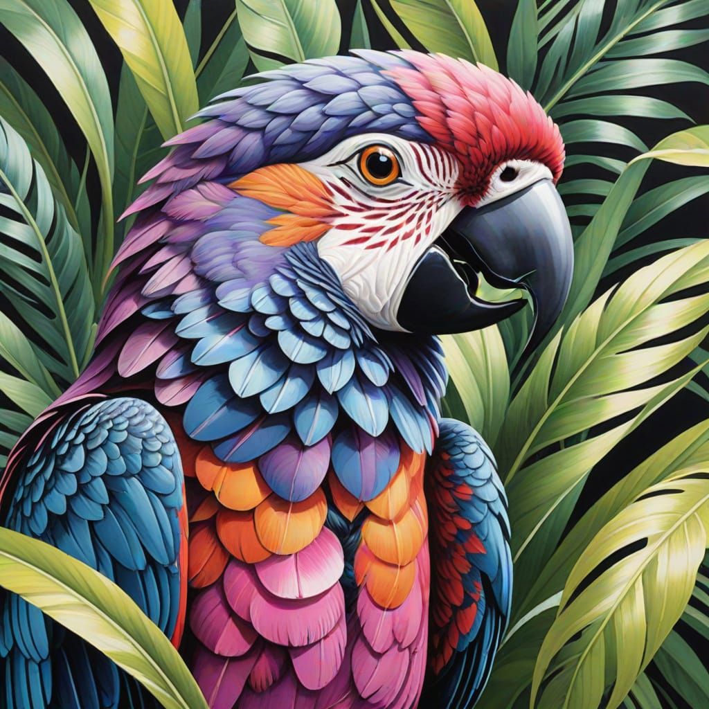 ink, marker, charcoal and (smudged chalk)  closeup of the head of an exotic purple and mauve toned parrott, incredible detail and pattern, p...