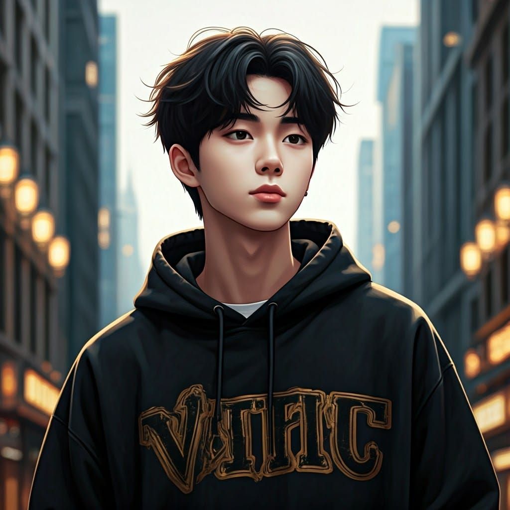 Korean Boy in Urban Landscape: Matte Painting in 8k