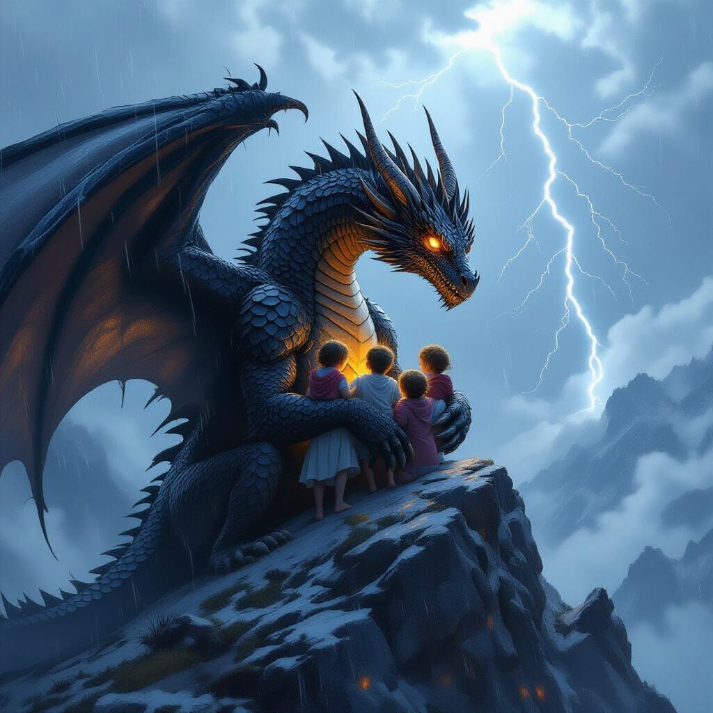 a seemingly ferocious dragon cradling a group of orphaned children   by @Katimati