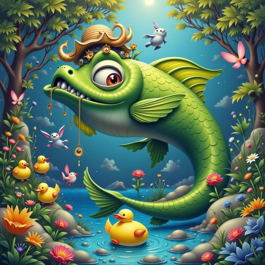 “Sea monster on bunny bay’s cove”
… ducklings, frogs, bunnies, and more hunt down the dreaded sea monster aka a fish. <lora:TeXtur3Z-1:1.0>