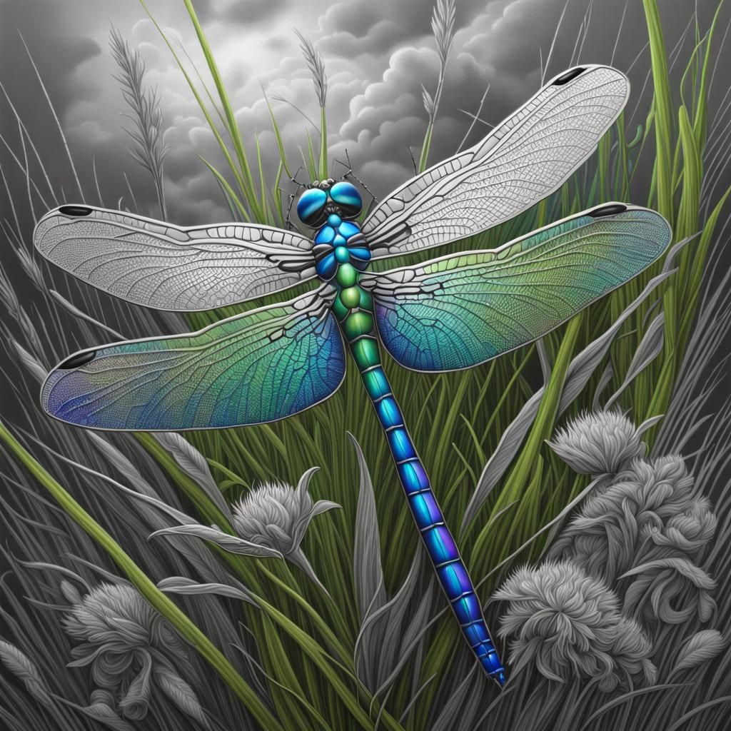 Intricate, Ornate, Fine Filigree, Silver Chrome Dragonfly, Vivid 