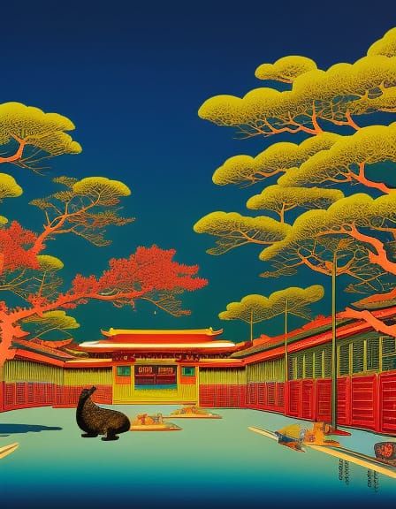 Retro advertisement with a cat, ukiyoe vibrant colors