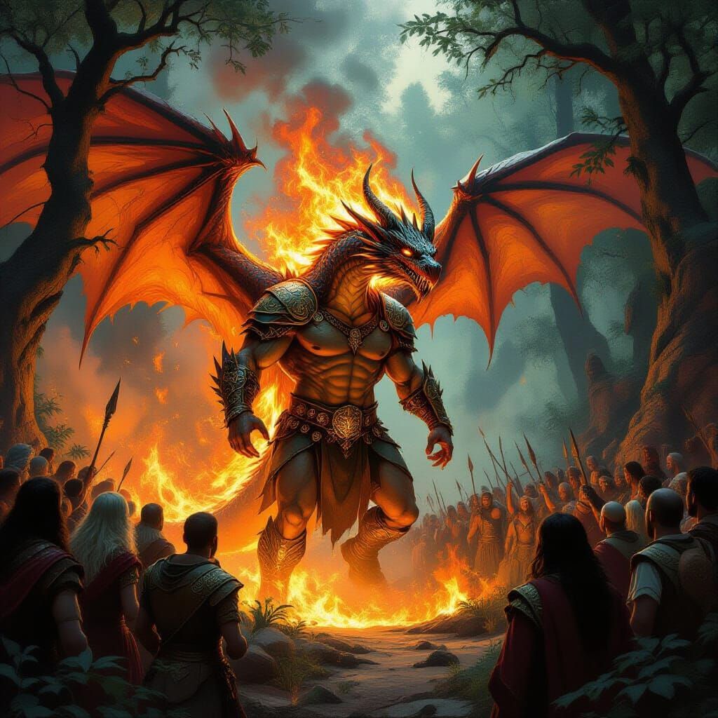 A human transforming into a dragon in a fiery mass in the middle of the woods surrounded by a crowd of Celtic, Roman onlookers