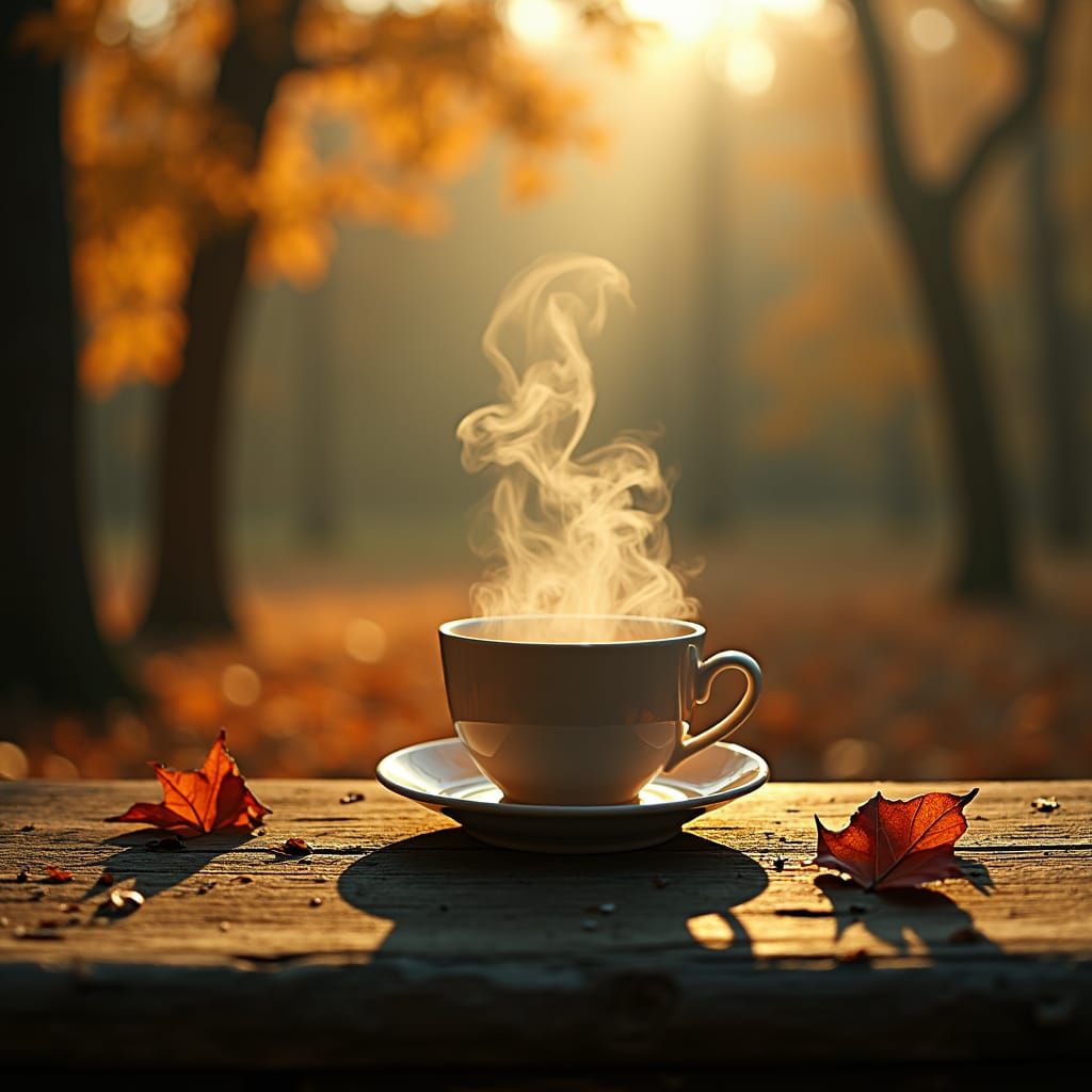 Steaming Teacup on Autumn Bench in Cinematic Style