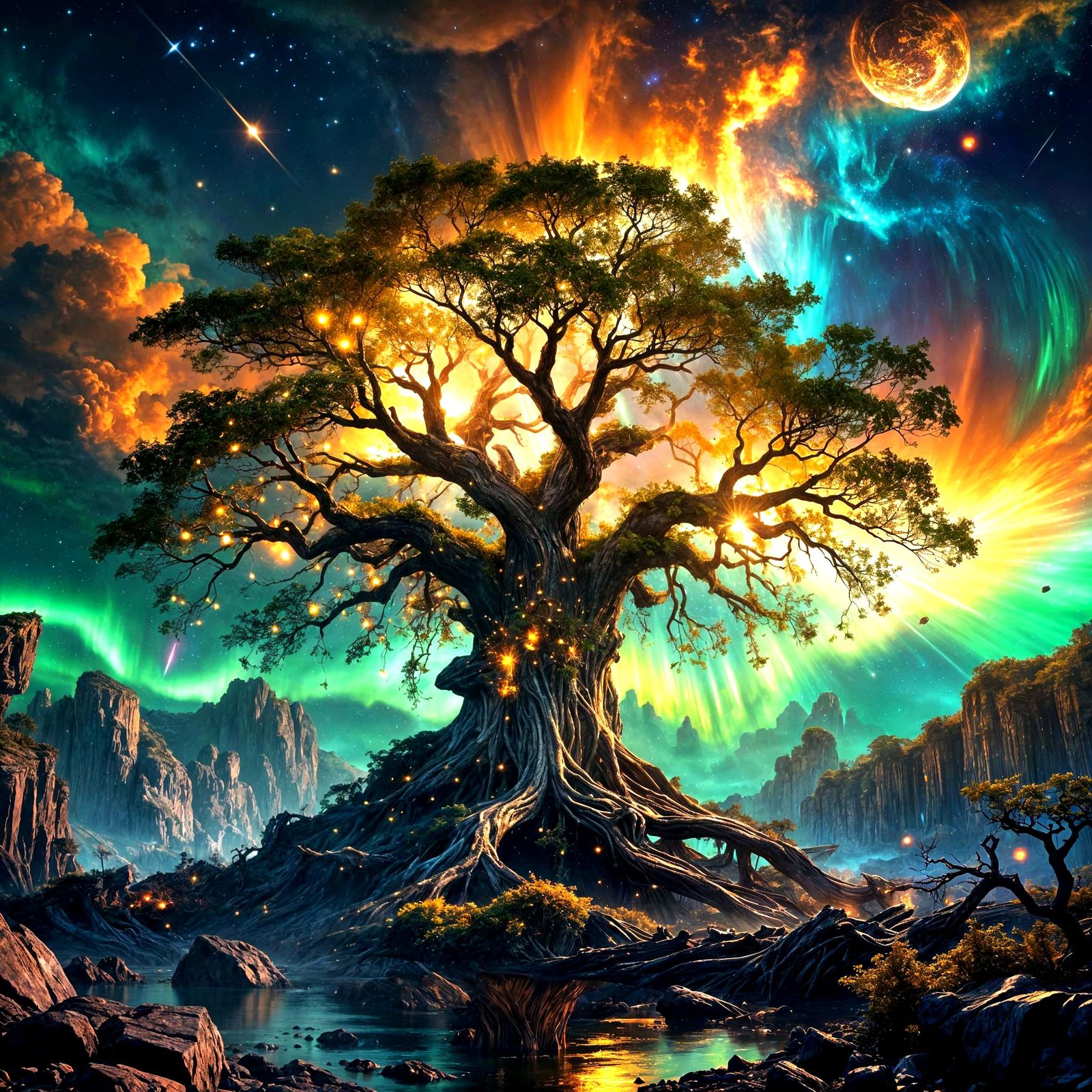 A colossal tree rises from the center of a shattered planet, its branches cradling entire cities woven ...  by @ExordiumEnvoi