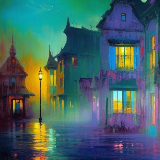 Haunted house ; ghosts ;

Purple and teal ; triadic colors ;...
