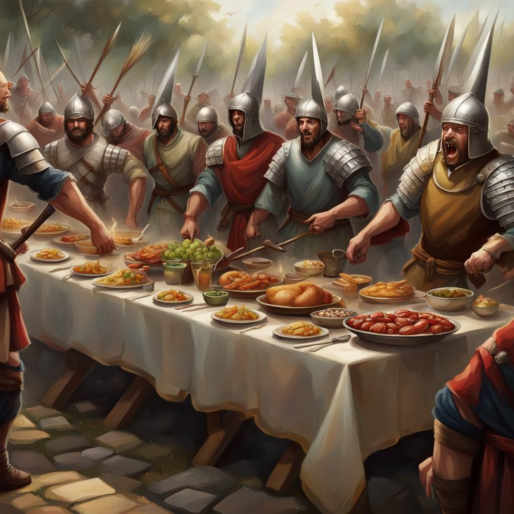 Feast on a long table realistic battle celebration