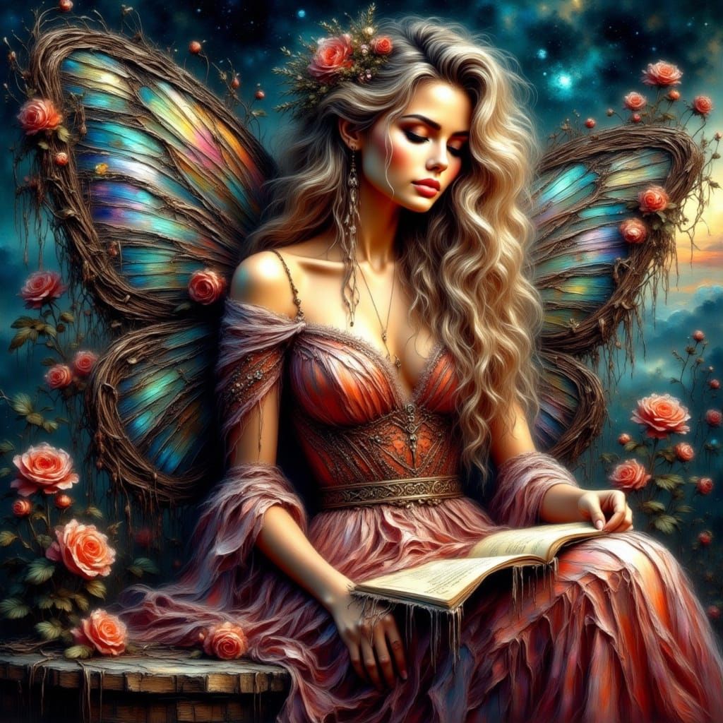 <lora:Impasto-Grunge:1.0> <lora:Beautiful women:1.0> A majestic queen, adorned with butterfly wings shimmering with stardust, sits upon a th...