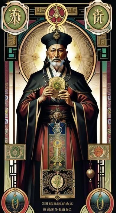 "Tarot Card Portrait", "The Hierophant", "Chinese Taoist sage", Hyperdetailed Alcohol Ink", Sanctuary, Tjalf Sparnaay, Alphonse Mucha