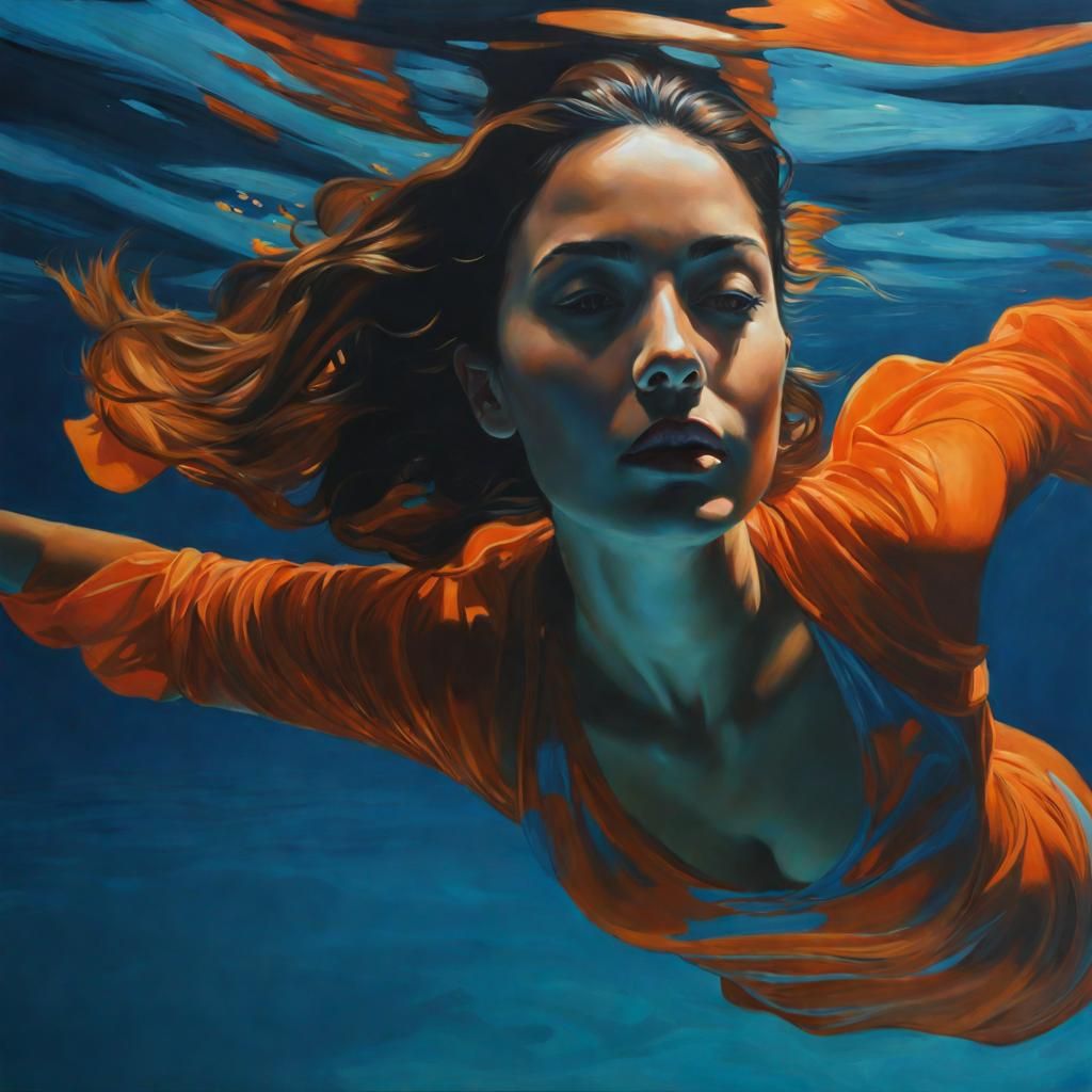 a midnight painting, a painting of a woman swimming underwater, in the ...