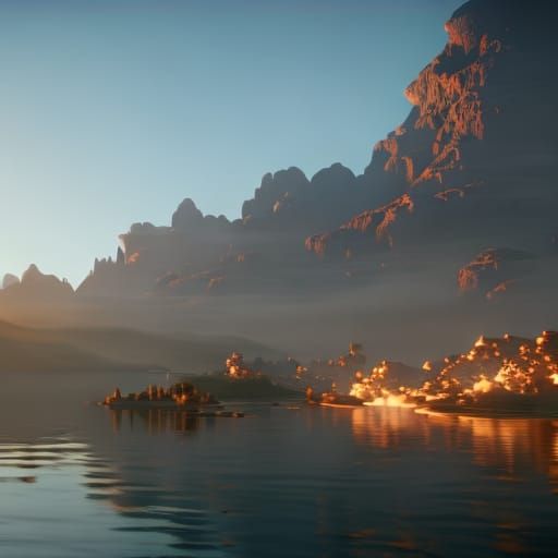 Skyline across the water at sunset