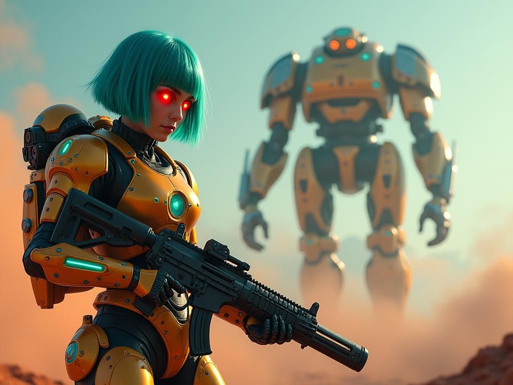 (8K, photorealistic　Raw photography　superior quality;) full body, teal short Hair Girl Soldier gun style in the background, beautiful eyes w...