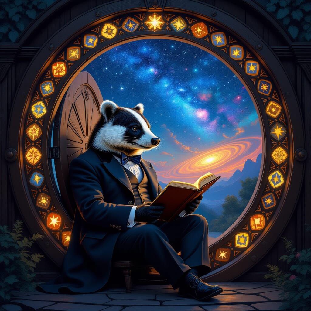 A wise old badger, adorned in a finely tailored waistcoat and spectacles, sits within a circular, ornate ...  by @Ron Gould