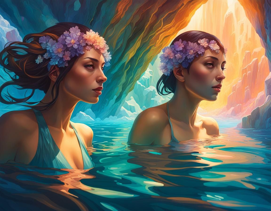 (Swimmers swim underwater) in a crystal cave submerged in wa...