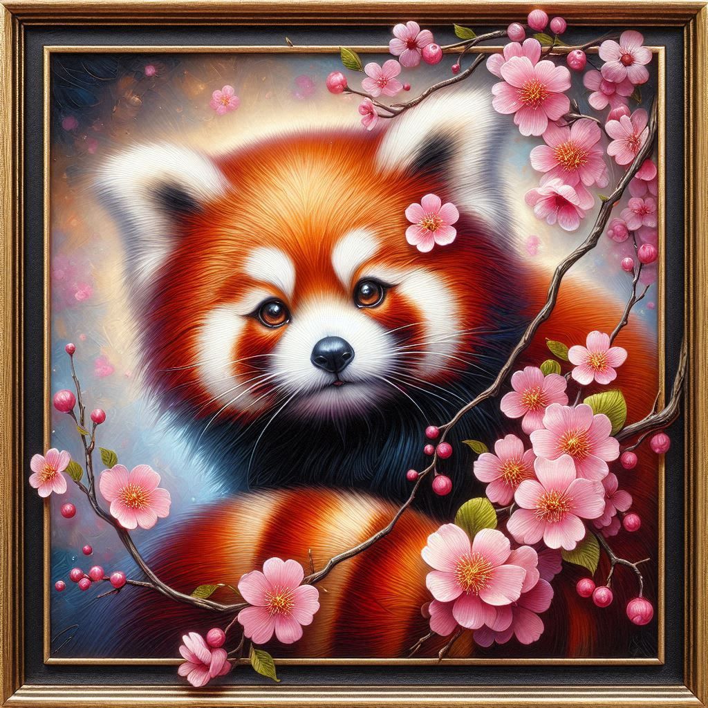 Red Panda in ornate Frame with Sakura