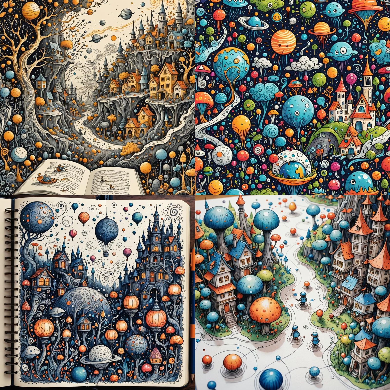 A doodle scene on a notepad, filled with tiny worlds and characters drawn in biro coming to life on the page.