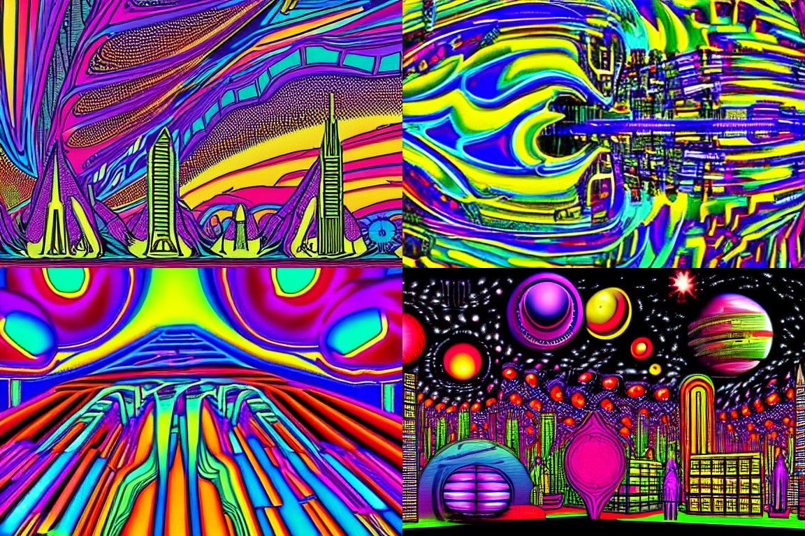 Sci-fi city in the style of Psychedelic art