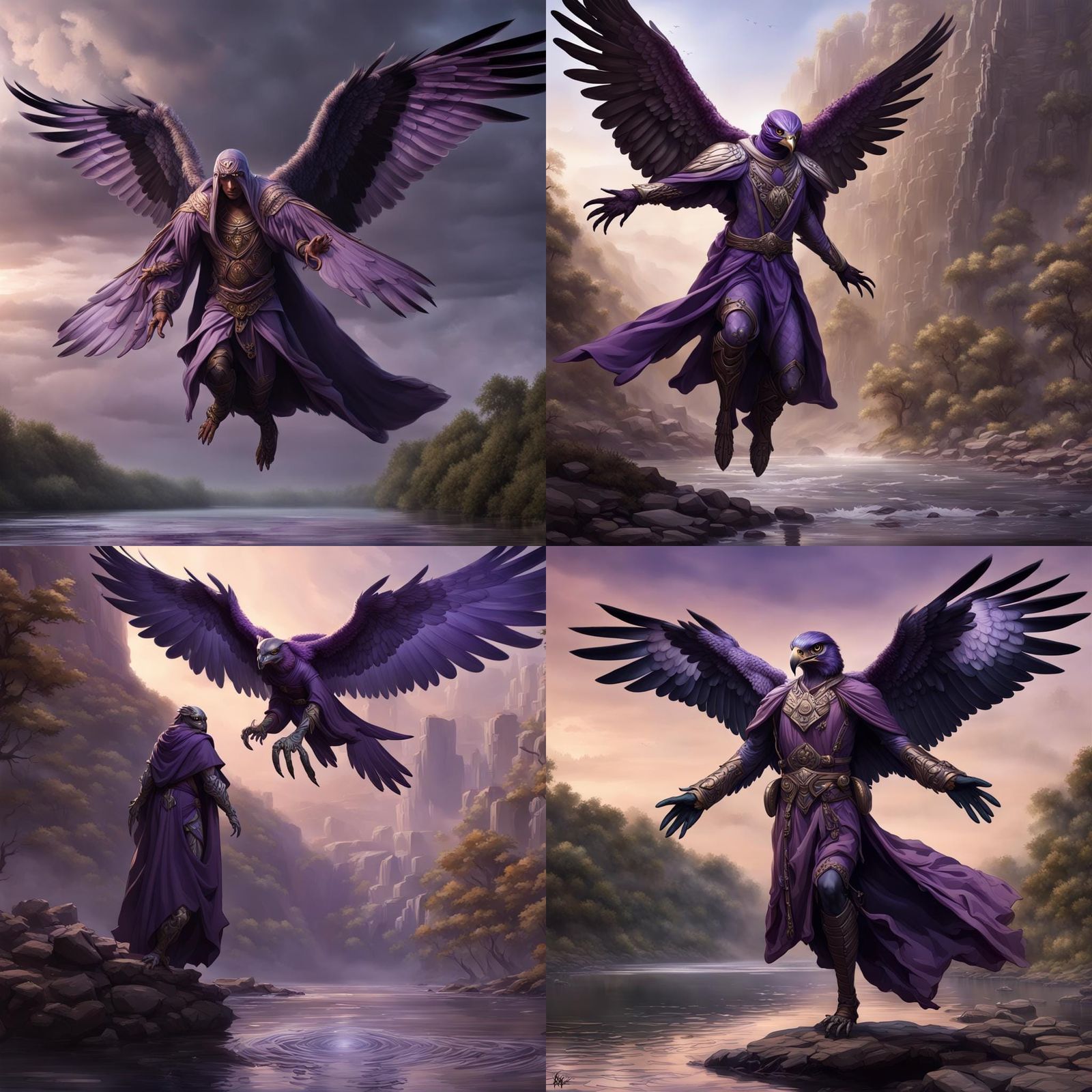 Full view of Male purple skin Hybrid Falcon Humanoid with Fa...