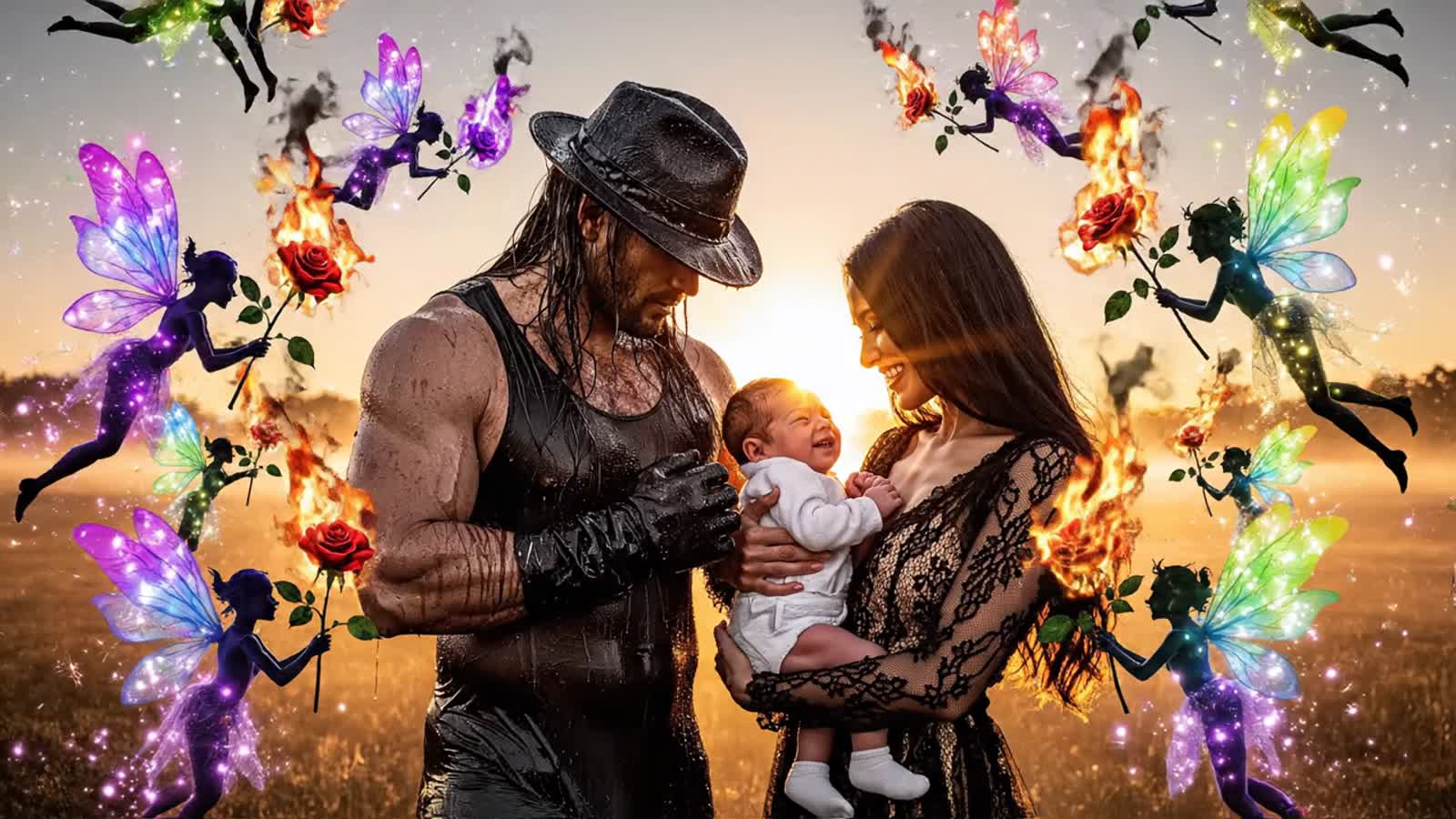 Fairies holding magical red, purple, and translucent rainbow fire roses surround  a Rugged, muscular man with stubble an...