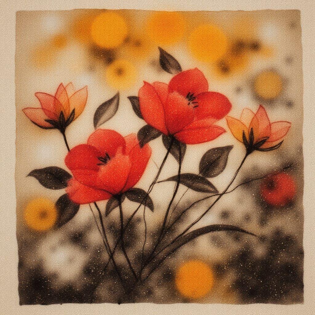 Roses, woodblock print on paper, carving technique, Abstract Expressionism, sun-kissed blossoms, dawn-lit flowers, palette of Mark Rothko, f...