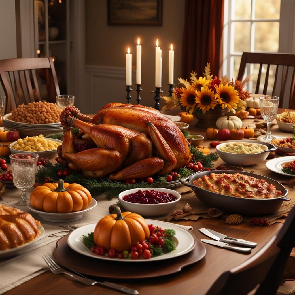 "Generate an AI image capturing the warmth and abundance of a Thanksgiving feast laid out on a table. ...  by @DecloDee
