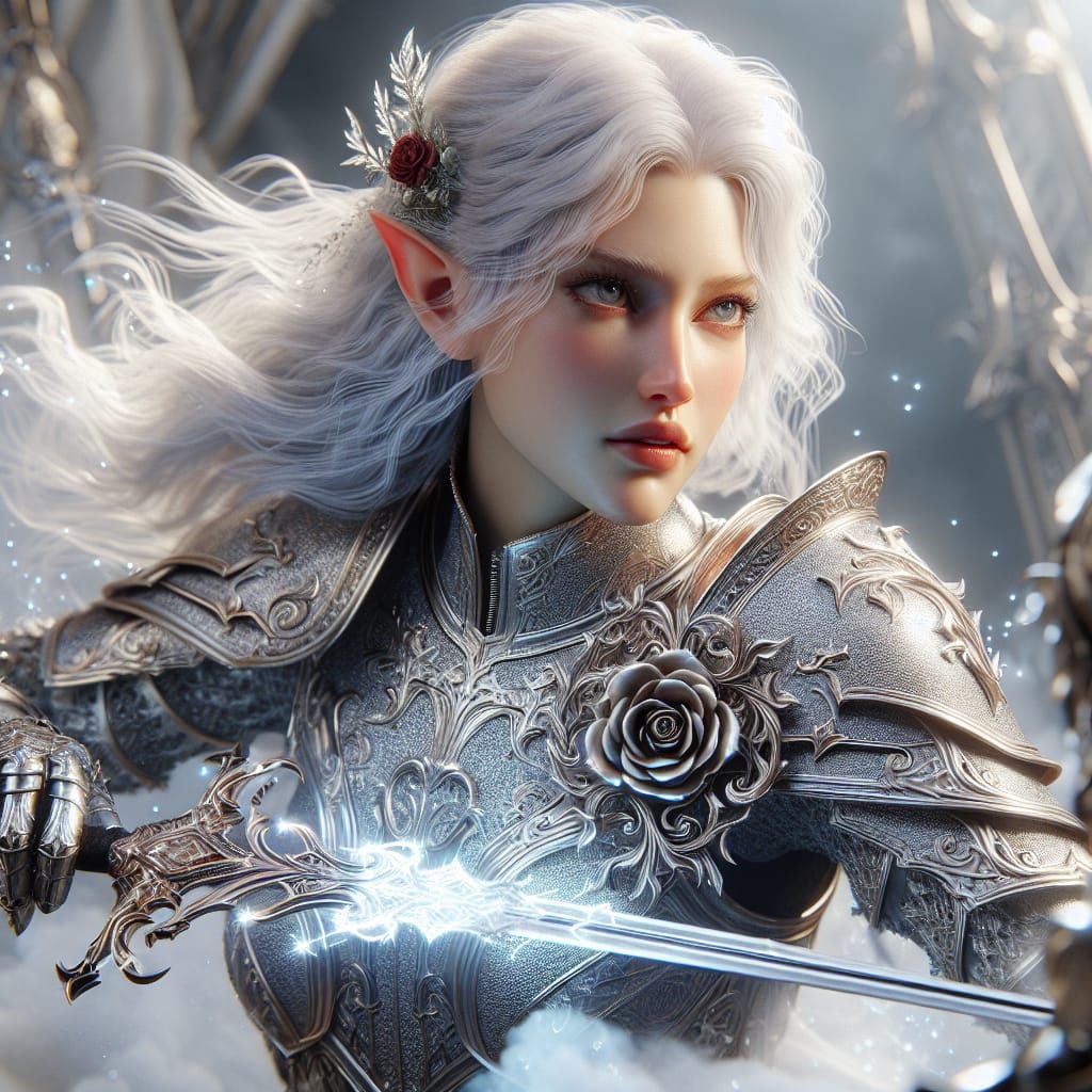 Hyper-realistic beautiful ethereal white-haired elven female...