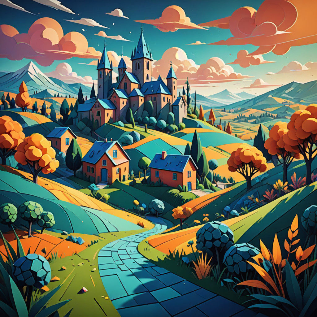 Vibrant Cubist Farm Landscape in Geometric Style