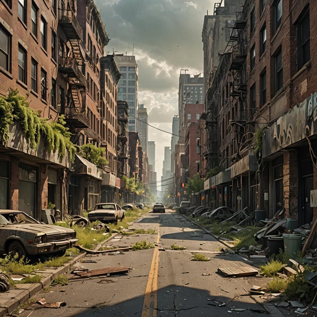 nature taking back a downtown street , post apocalyptic