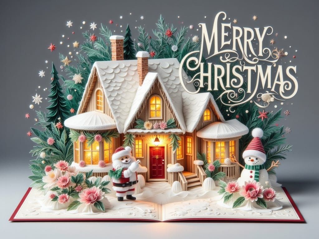Holiday pop up Cards: an elegant, bold text "MERRY CHRISTMAS " on a pop-up postcard. A 3D quilted origami paper art in the style winter illu...