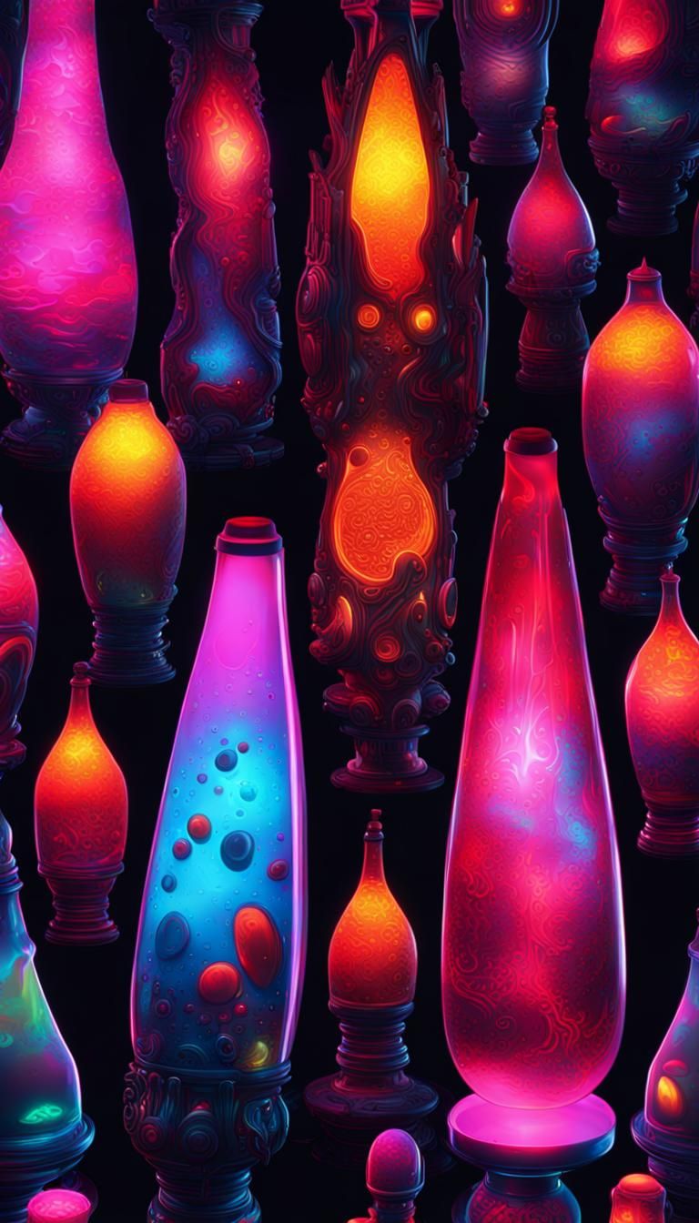 Exquisite multicolor lava lamps in a pitch black room. 3 AI
