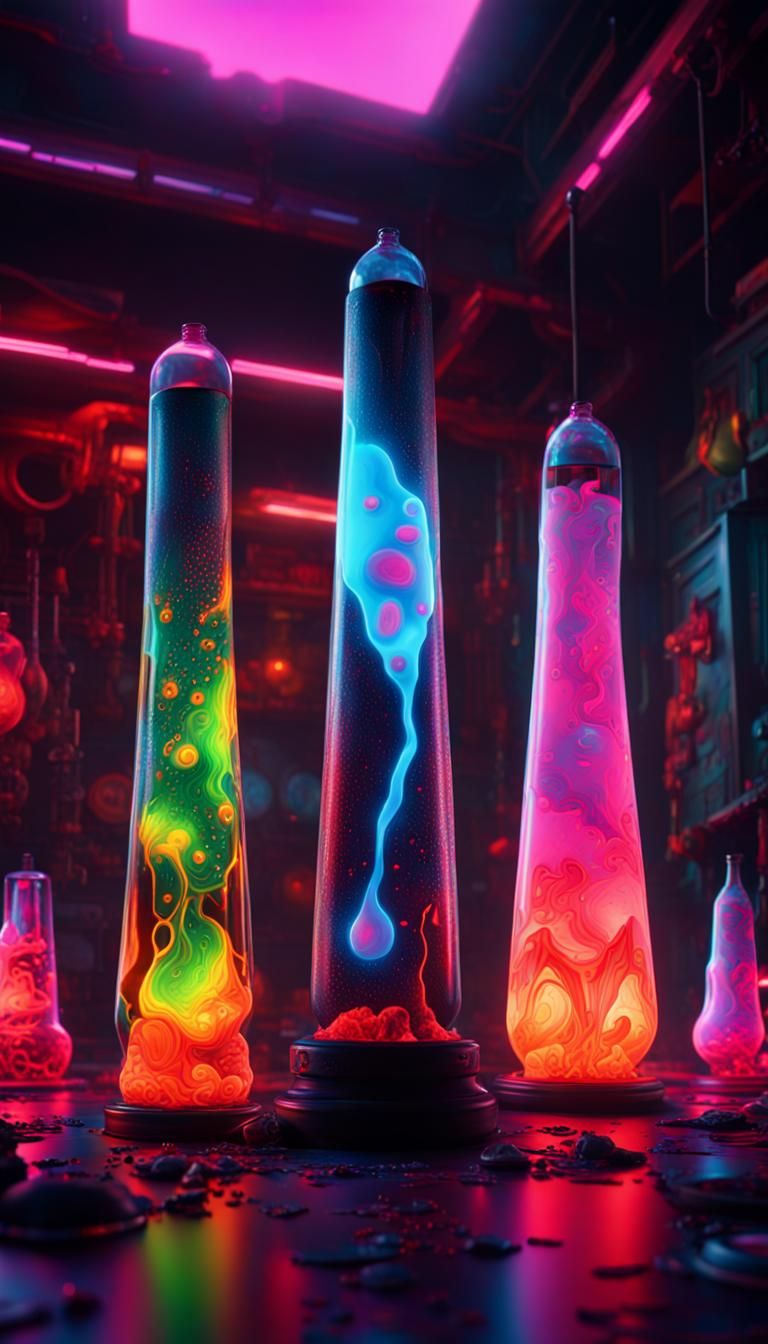 Exquisite multicolor lava lamps in a pitch black room. 4 AI