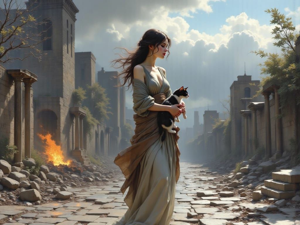 Noble Philosopher With Cat Amidst Classical City Ruins
