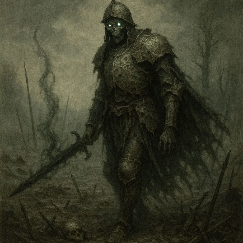 A spectral knight clad in decaying armor wanders through a desolate, mist-shrouded battlefield. The knight's eyes glow with an eerie light, ...