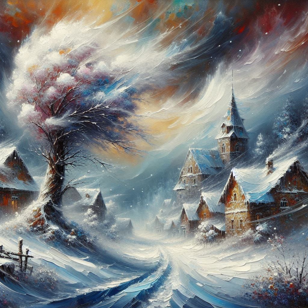 Blizzard blowing through a village