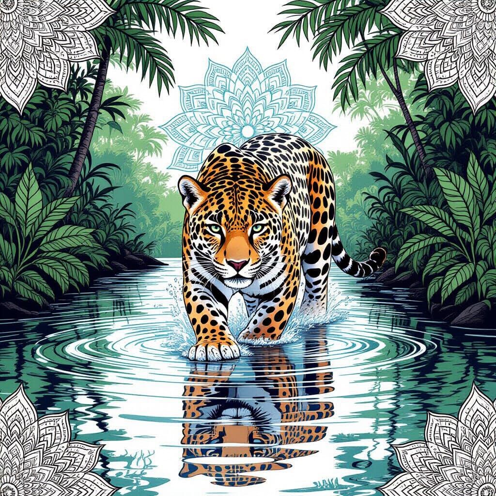 line art of a jaguar walking through shallow jungle water, water ripples
and reflections created with symmetrical mandala textures, backgrou...