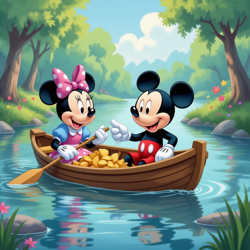Mickey and Minnie Mouse Fishing in a Serene Lake