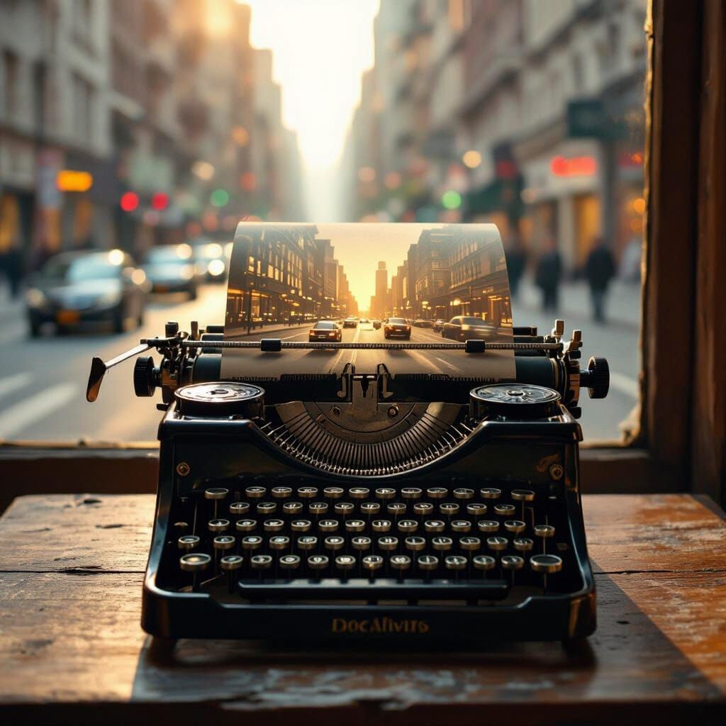 Nostalgic Typewriter with City Double Exposure