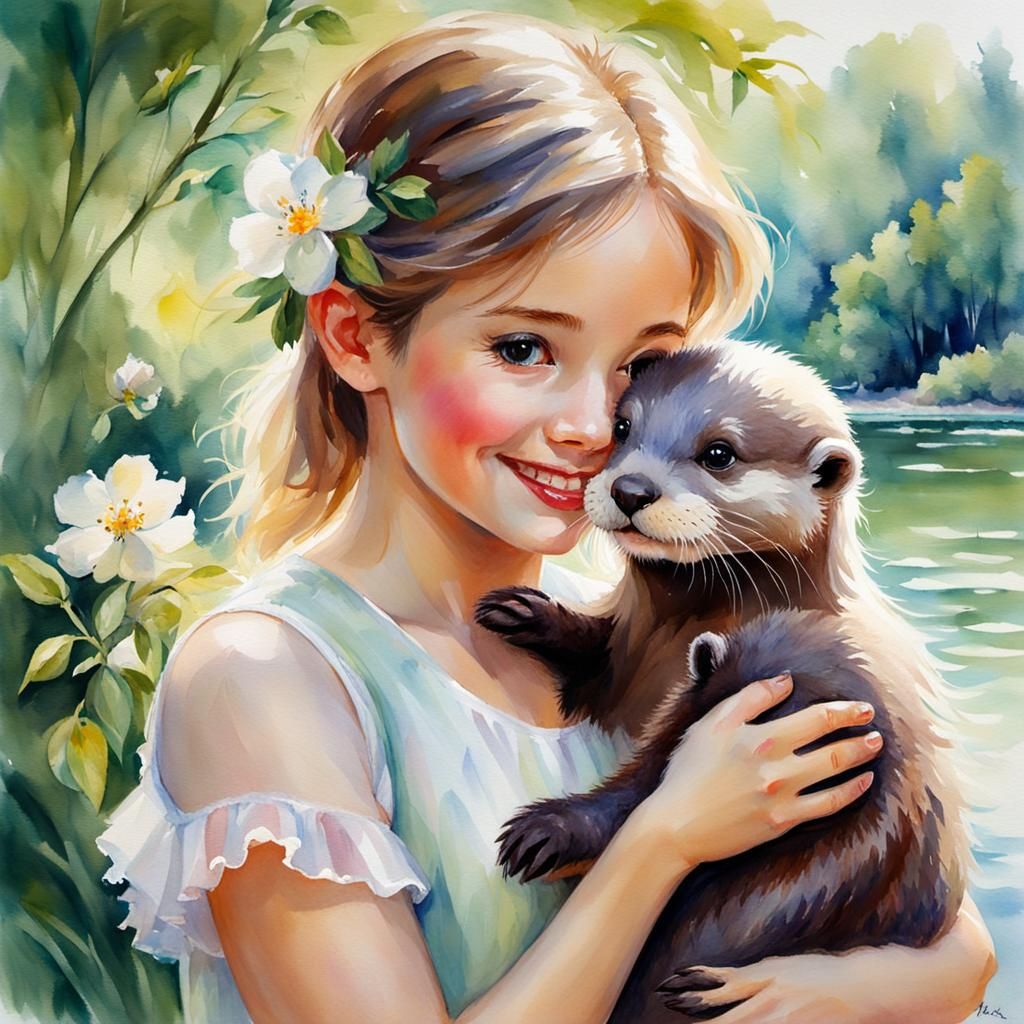 A girl hugging cute furry otter baby