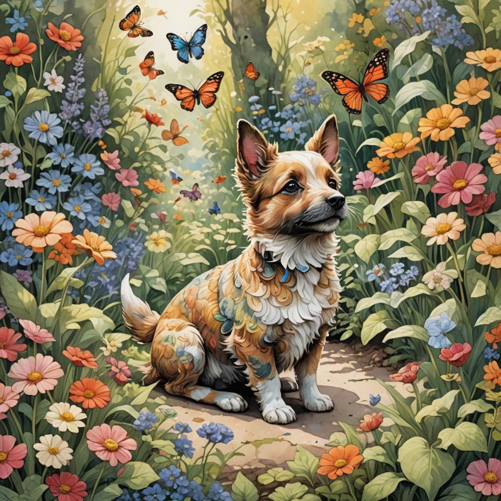 The little pup and the butterflies