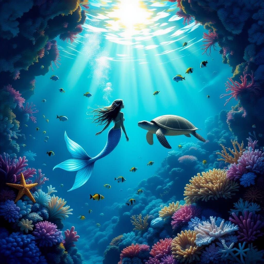 Mermaid in the ocean floor with Nimo fish, starfish, shark 