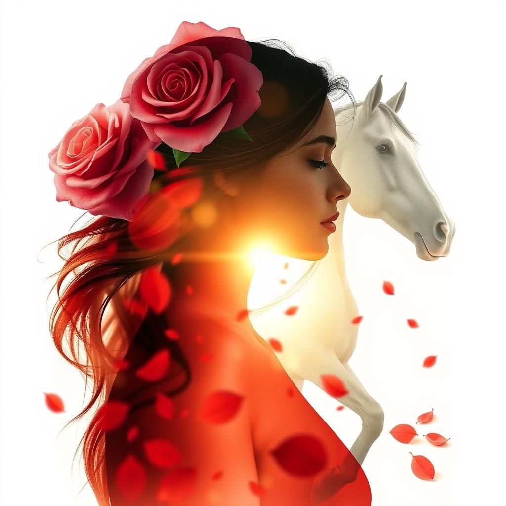 Double Exposure: Woman, Roses, and Horses in Fantasy