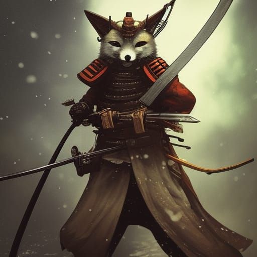 Snow Fox Samurai Wielding a Katana