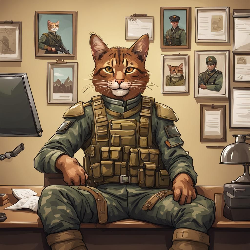 happy tabaxi male soldier sitting in office. Little spoons i...